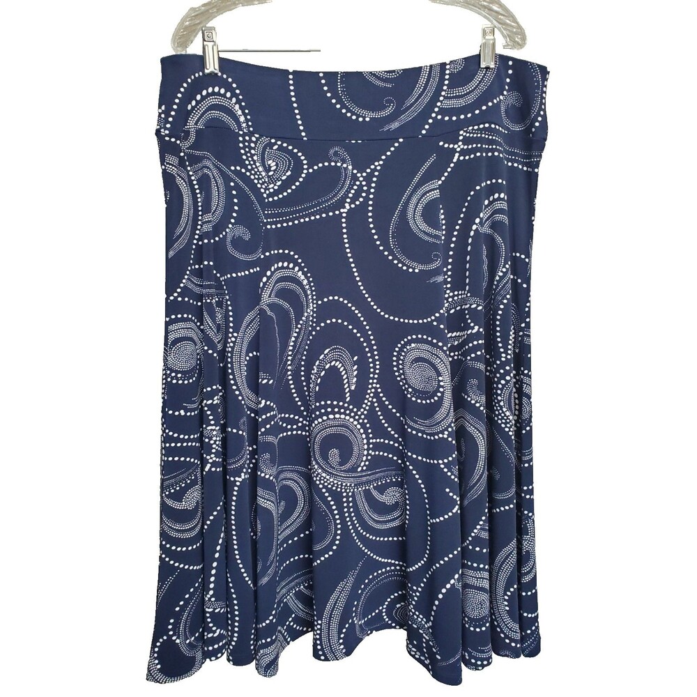 Susan Graver LiquidKnit Blue Dotted Geo Print Pull-On Midi Skirt Size XL